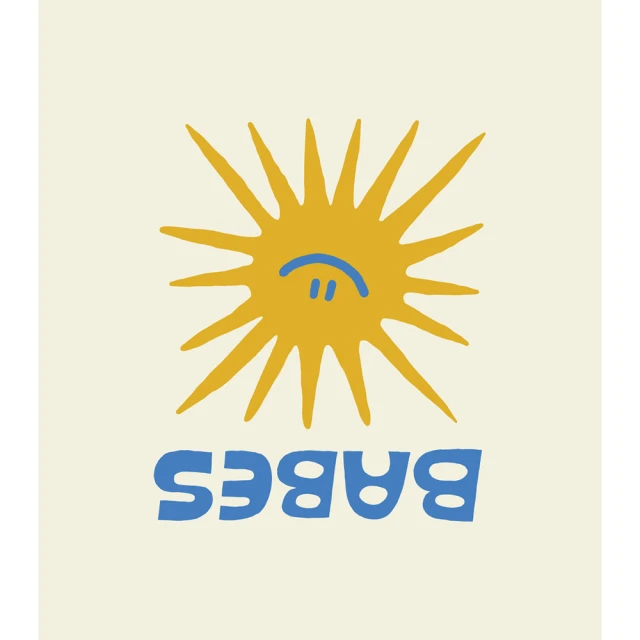 Illustration of a yellow sun with a blue smiley face above the blue word 'BABES' on a cream background.