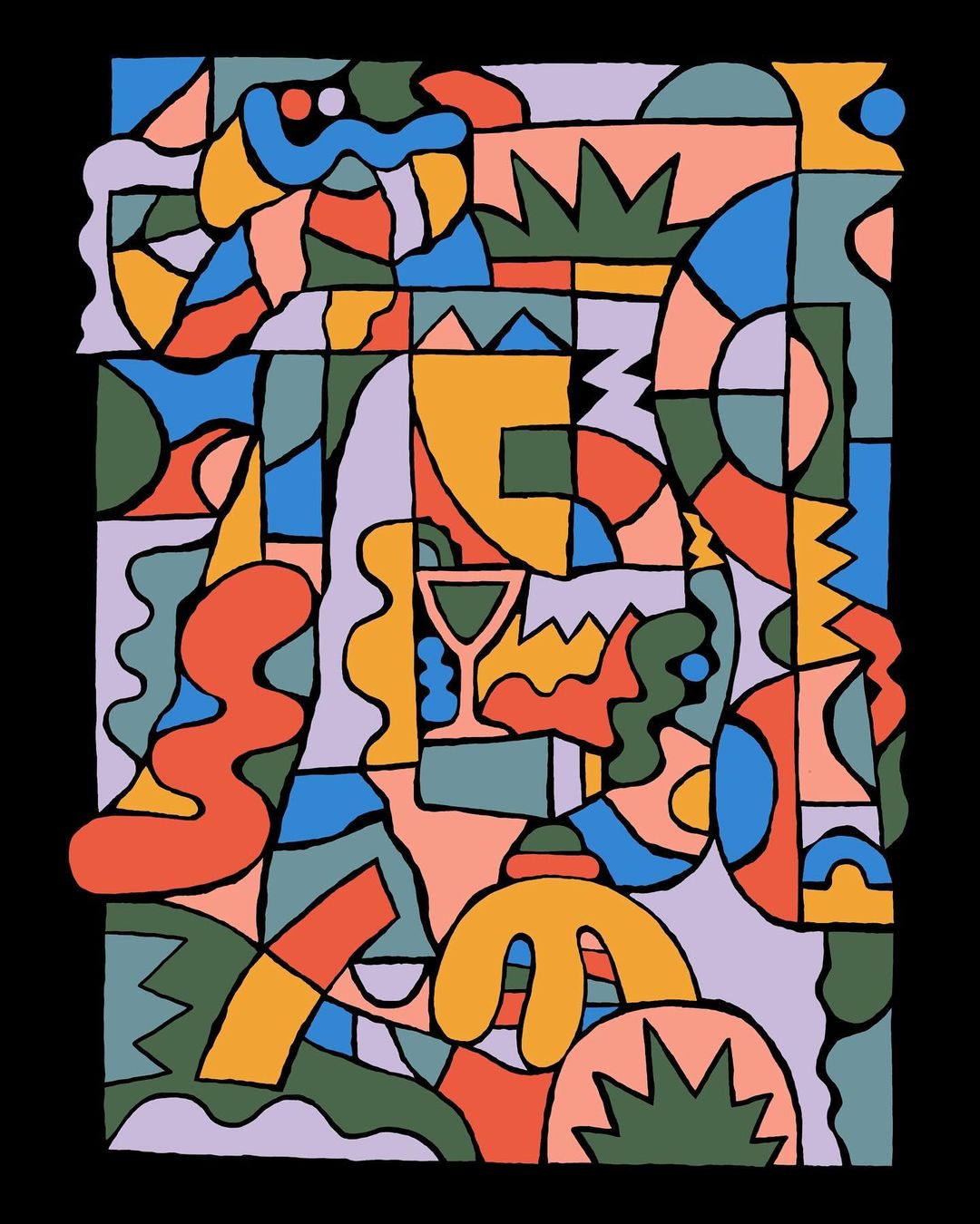 Abstract geometric art in shades of blue, green, orange, and yellow. Modern, colorful design with graphic shapes against a black backdrop.