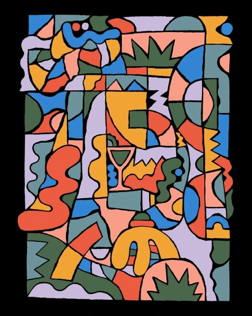 Abstract geometric art in shades of blue, green, orange, and yellow. Modern, colorful design with graphic shapes against a black backdrop.