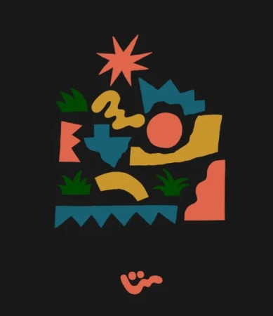 Colorful abstract vector illustration of organic shapes and plant motifs on a dark background by Will Bryant