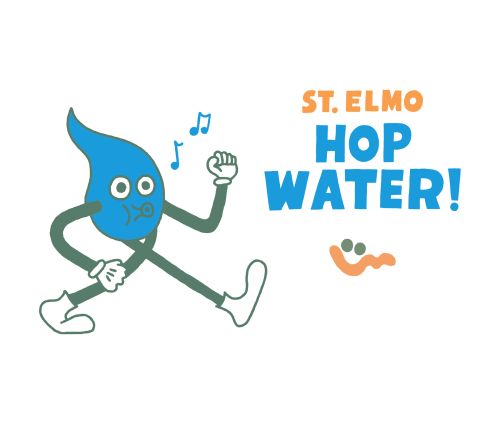 A cartoon graphic features a blue water droplet character with arms and legs, along with music notes, advertising St. Elmo Hop Water.