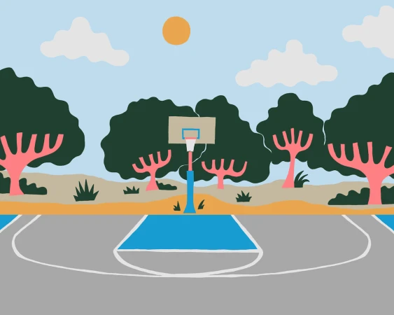 Illustration of a basketball court with a hoop, trees, and a cloudy sky on a sunny day, designed with a clean, vector graphic style.