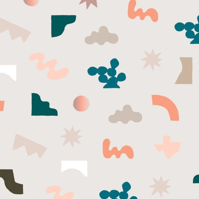 Abstract seamless pattern with geometric shapes, including circles, stars, and blobs, on a light gray background.