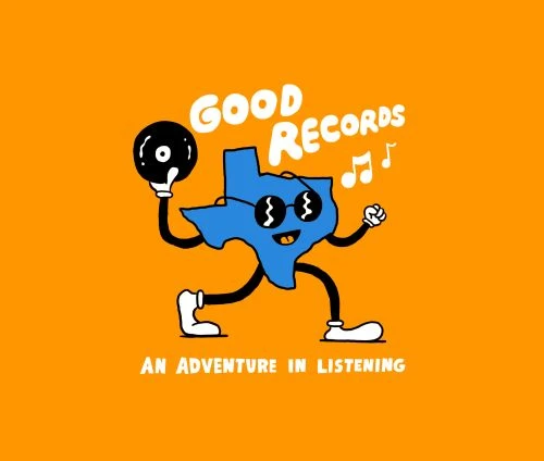 Animated Texas state map character with glasses, holding a vinyl record on a yellow background with music notes. Good Records.