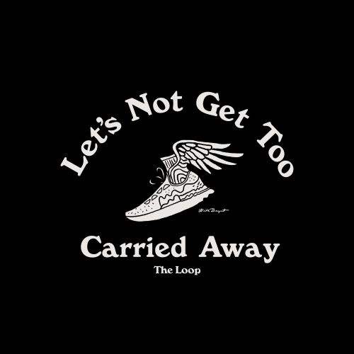 Graphic art in black and white featuring a winged shoe, artistic typography, and 'The Loop' text against a stark black background.