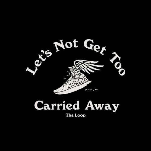 Graphic art in black and white featuring a winged shoe, artistic typography, and 'The Loop' text against a stark black background.