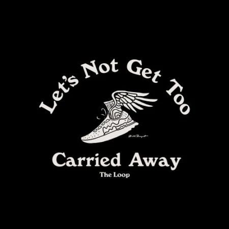 Graphic art in black and white featuring a winged shoe, artistic typography, and 'The Loop' text against a stark black background.