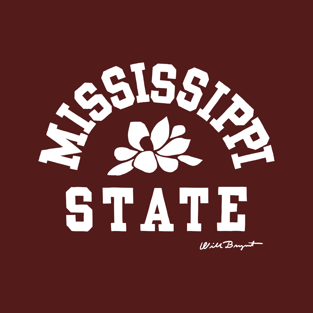 Mississippi State graphic featuring the university's name in white block letters and a white magnolia on a dark maroon background.