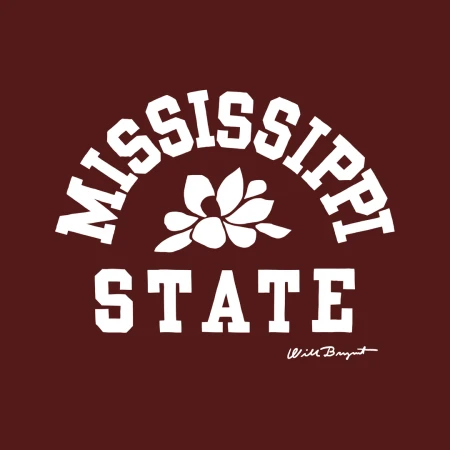 Mississippi State graphic featuring the university's name in white block letters and a white magnolia on a dark maroon background.