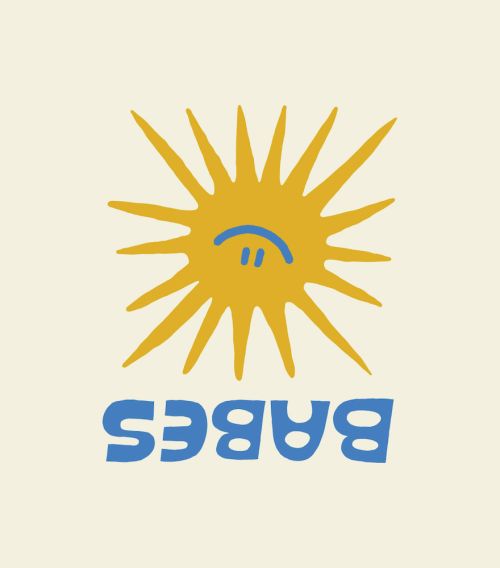 Graphic illustration of a sun with a sad face and the word 'Babes' in stylized blue lettering against a cream background.