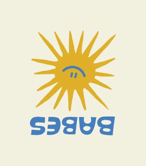 Graphic illustration of a sun with a sad face and the word 'Babes' in stylized blue lettering against a cream background.