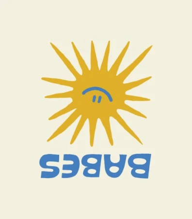 Graphic illustration of a sun with a sad face and the word 'Babes' in stylized blue lettering against a cream background.