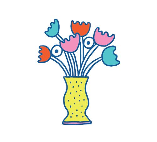 Illustration of a vase filled with colorful, stylized flowers in orange, pink, and teal on a white background, creating a cheerful, modern design.