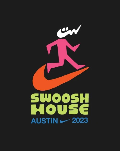 Stylized graphic for Swoosh House Austin 2023 features a pink running figure atop an orange Nike swoosh, over text for the event name.