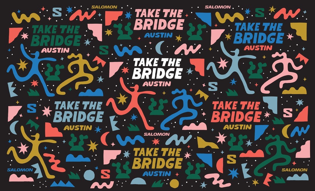 Colorful graphic design featuring abstract human figures, stars, and the text 'Take The Bridge Austin' with the Salomon logo on a black background.