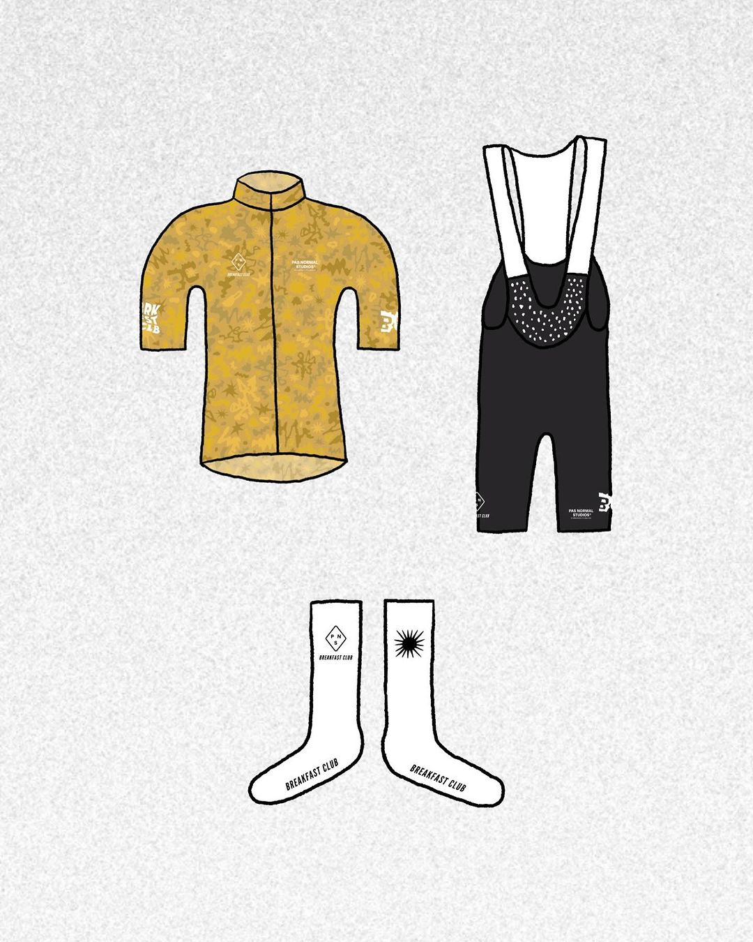 Illustration of cycling kit featuring a yellow patterned cycling jersey, black cycling shorts with white straps, and white socks.