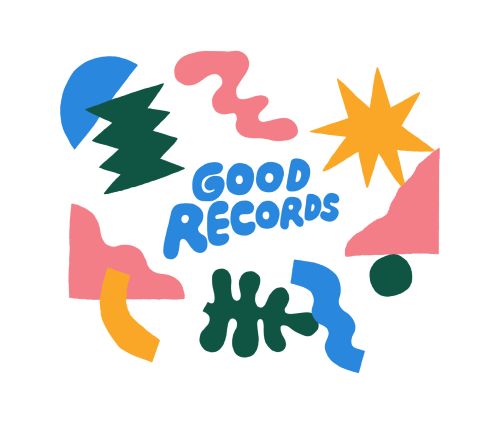 Graphic illustration with stylized shapes in blue, green, pink, yellow, and orange, with text 'GOOD RECORDS' in the center.