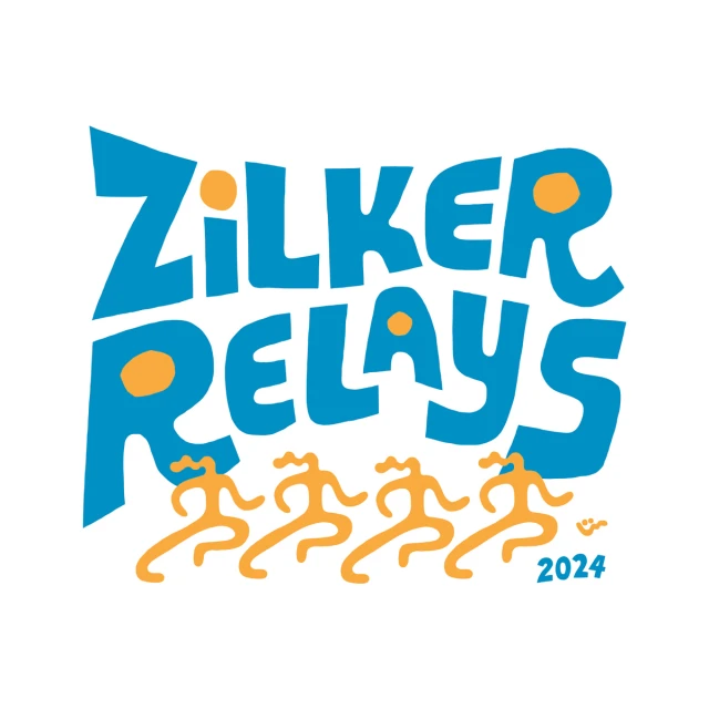 Illustrated logo for Zilker Relays 2024 with blue text and running figures in orange on a white background, promoting a relay event.