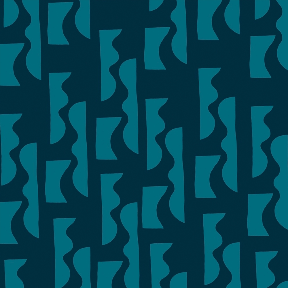 Abstract pattern design featuring teal geometric shapes against a dark blue background, creating a visually dynamic and modern surface pattern.