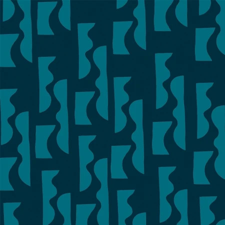 Abstract pattern design featuring teal geometric shapes against a dark blue background, creating a visually dynamic and modern surface pattern.