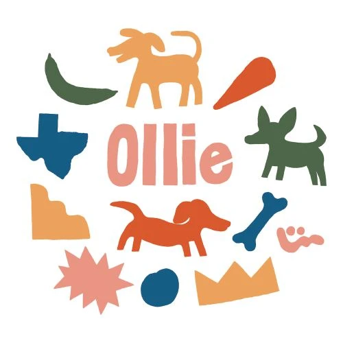 Dog-themed graphic art with cartoon dogs, dog bone, shapes, and the name Ollie in pink text, set against a white background.