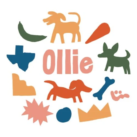 Dog-themed graphic art with cartoon dogs, dog bone, shapes, and the name Ollie in pink text, set against a white background.
