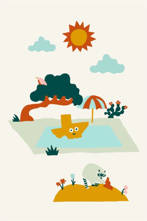 Whimsical illustration of Texas-shaped figure floating in a pool with summer elements, set on a cream background.