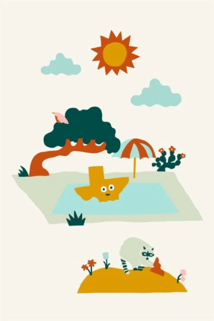 Whimsical illustration of Texas-shaped figure floating in a pool with summer elements, set on a cream background.