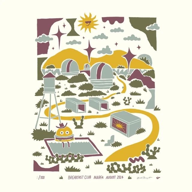 Stylized scene of the McDonald Observatory with the Hamburglar, a swimming pool, and desert landscape elements in limited palette.