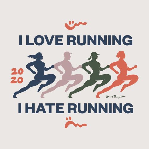 Illustration featuring four colorful silhouette runners in a row with text “I LOVE RUNNING” and “I HATE RUNNING” on a light-beige background.