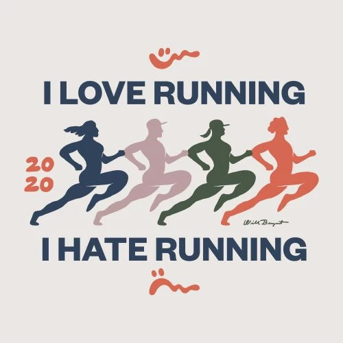 Illustration featuring four colorful silhouette runners in a row with text “I LOVE RUNNING” and “I HATE RUNNING” on a light-beige background.