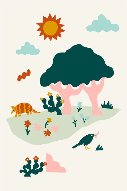 Illustration of an armadillo, bird, and cactus under the sun and clouds, set in a whimsical outdoor scene. Flat, colorful style.