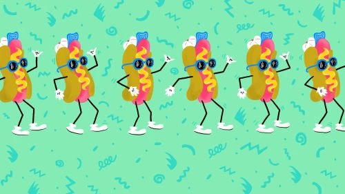 Whimsical animation of hot dog characters wearing sunglasses and dancing against a patterned turquoise background. Cartoon style.