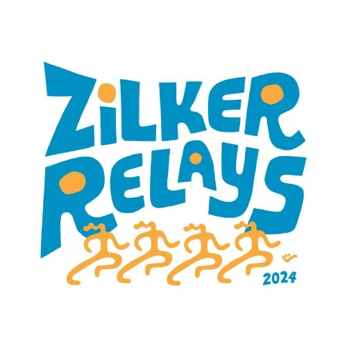 Graphic art for Zilker Relays 2024 featuring illustrated figures in motion, rendered in bold blue and orange colors on white.