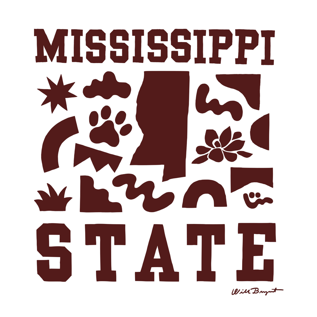 Illustration with Mississippi State text, paw print, state outline, and abstract shapes in maroon on a white background.