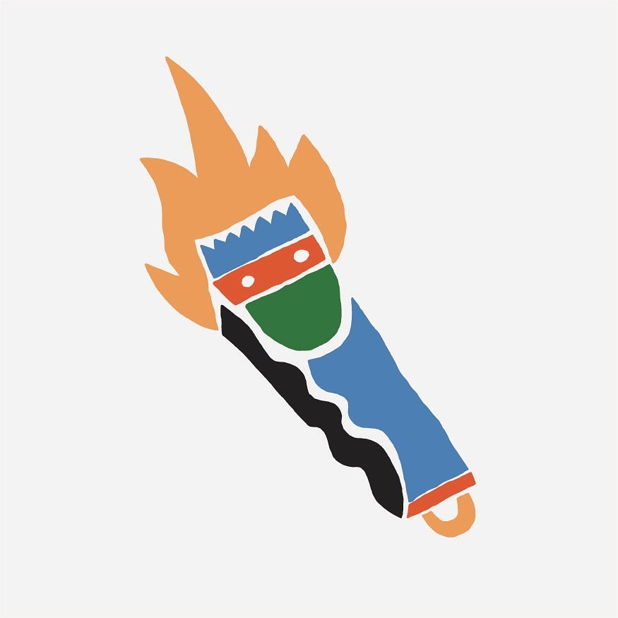 Stylized illustration of a blue and black handled paint brush emitting stylized orange flames on a white backdrop.