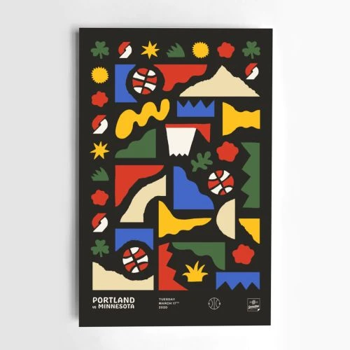 Colorful graphic art poster with shapes and a basketball design, featuring the text 'Portland vs Minnesota, Tuesday March 17, 2020.'