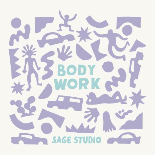 Digital illustration by Will Bryant featuring playful purple abstract shapes, figures, and vehicles with light blue typography.