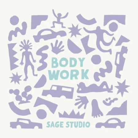 Digital illustration by Will Bryant featuring playful purple abstract shapes, figures, and vehicles with light blue typography.