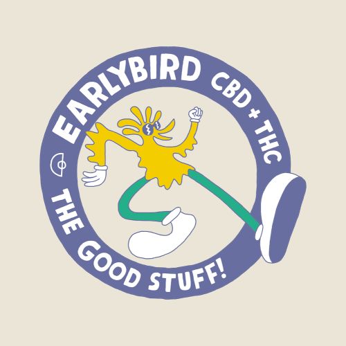 Whimsical logo design featuring a yellow cartoon character with green limbs dancing inside a blue circle with text 'EARLYBIRD CBD + THC'.