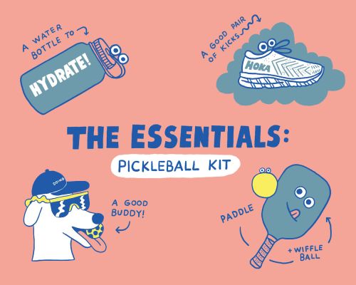 Whimsical illustration promoting pickleball with a water bottle, tennis shoe, dog wearing sunglasses, and a pickleball paddle.