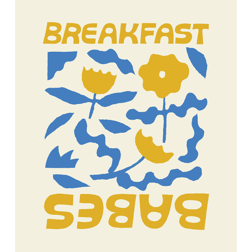 Illustration with yellow flowers and blue wavy elements with the text 'Breakfast Babes' in yellow on an off-white background.