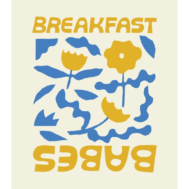 Illustration with yellow flowers and blue wavy elements with the text 'Breakfast Babes' in yellow on an off-white background.