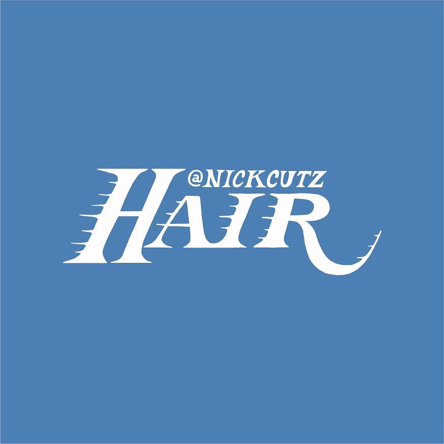 Text graphic with a bold, stylized white 'HAIR' logo on a solid blue background, above the smaller '@NICKCUTZ' text.