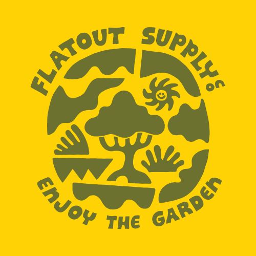 Graphic olive illustration on yellow background featuring a tree, sun, mountains, and the text 'Flatout Supplys Enjoy The Garden'.
