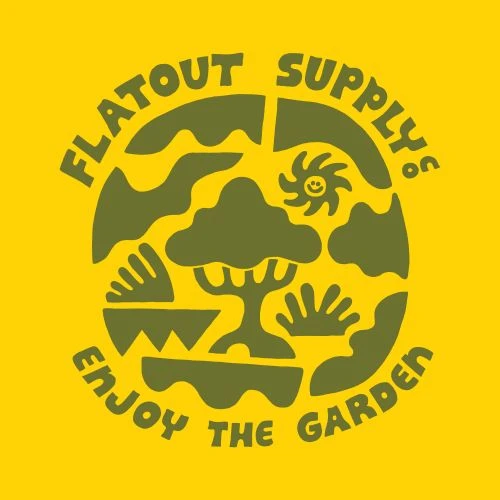 Graphic olive illustration on yellow background featuring a tree, sun, mountains, and the text 'Flatout Supplys Enjoy The Garden'.