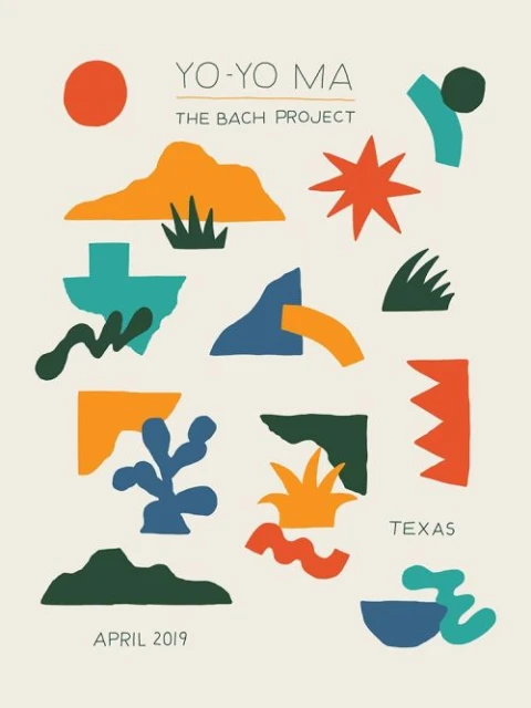 Artistic poster for Yo-Yo Ma's The Bach Project featuring colorful abstract shapes resembling landscapes and geographic elements.