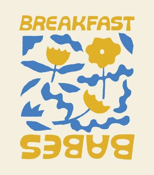 Whimsical illustration featuring flowers and abstract shapes in blue and yellow with the text 'Breakfast Babes' on a cream background.