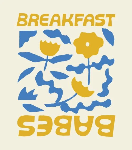 Whimsical illustration featuring flowers and abstract shapes in blue and yellow with the text 'Breakfast Babes' on a cream background.