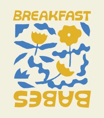 Whimsical illustration featuring flowers and abstract shapes in blue and yellow with the text 'Breakfast Babes' on a cream background.